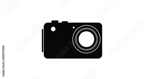 A stark black silhouette of a compact digital camera simple and modern silhouette