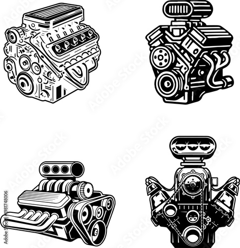 Detailed Hot Rod Engine Line Art Graphics
