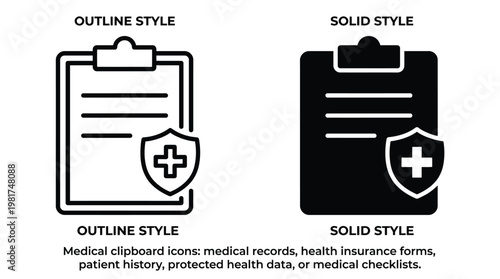 Medical clipboard with shield icon in outline and solid styles a comparative visual representation