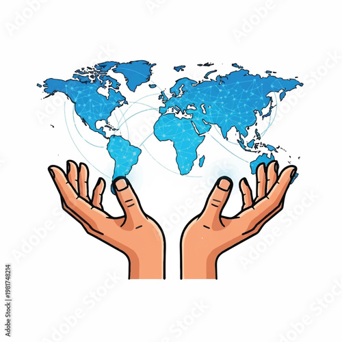 Hands holding a blue world map with lines connecting continents globally