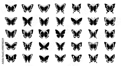 Collection of various butterfly silhouettes on white background.