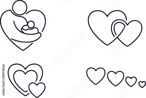 Four distinct illustrations of hearts symbolizing love and family bonds in simple line art