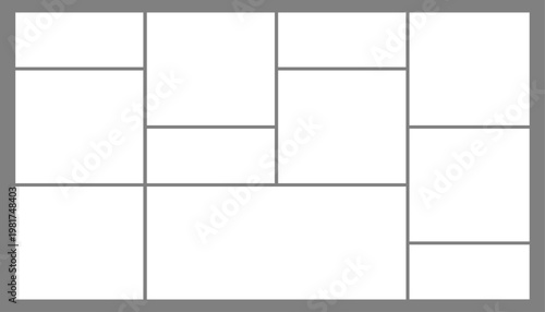 11 Image Photo Collage, 5 Empty geometric photo collage grid rectangle template shape. Modern tiles pattern mosaic for portfolio presentation. Background and photo album for wall mood board.