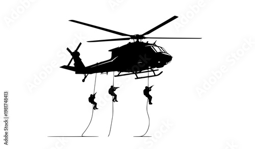 Military Helicopter Silhouette with Special Forces Fast Roping Tactical Operation Vector Illustration