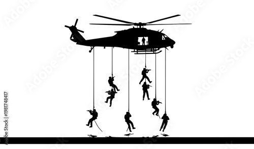 Special Forces Fast Rope Insertion from Helicopter Silhouette Tactical Combat Vector Art