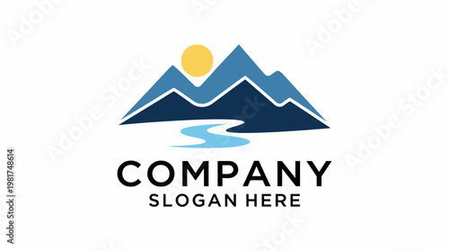 This picturesque logo showcases mountains and a flowing river under a bright sun, ideal for businesses related to nature, travel, or outdoor activities.