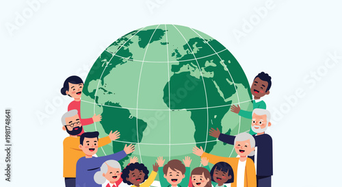 Diverse group of people from around the world embracing a large green globe, symbolizing global unity, environmental protection, and community.