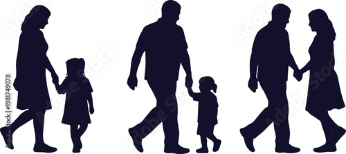Silhouettes of families walking together in different formations