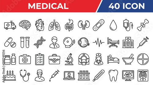 Comprehensive medical icon set diverse healthcare symbols representing tools body parts and treatment options