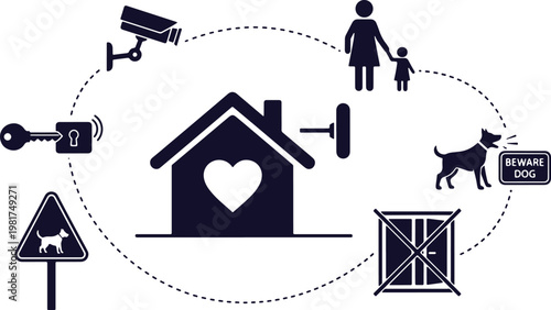 Comprehensive home security and safety illustration with family and pets