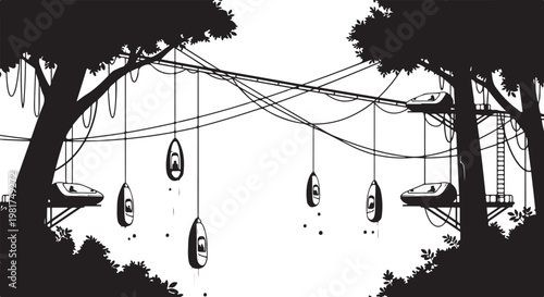 Black, hanging, lanterns, forest, trees, vector, illustration, monochrome, scenery, decorations