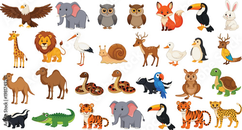 Cute Wildlife Animal Collection with Lion, Elephant, Fox, Owl, Toucan, Camel, Snake, Crocodile, Tiger, and More Cartoon Characters for Kids Illustration