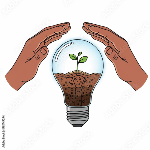 Hands protect a lightbulb with a growing plant inside