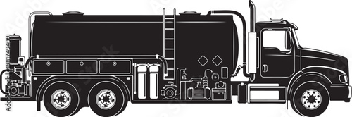 Black oil tanker truck, fuel transportation vehicle, industrial semi-truck, silhouette illustration