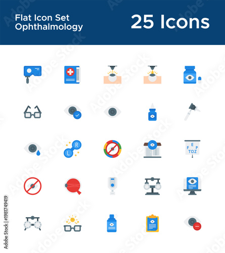 Eye diagnosis flat icons for healthcare dashboard UI. Vision test and ocular assessment illustrations