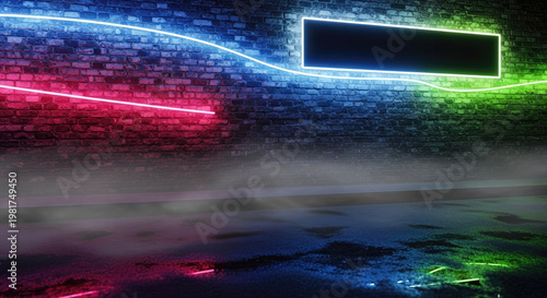 A dark and moody urban scene with neon lights on a brick wall at night