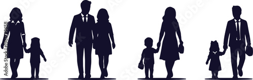Four families walking hand in hand in formal and casual attire