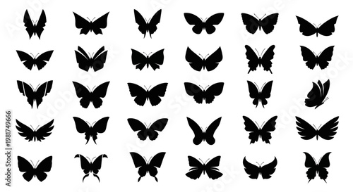 Collection of various butterfly silhouettes on white background.