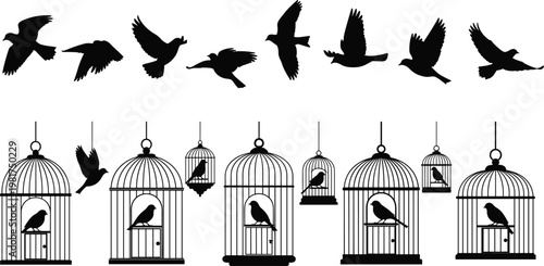 Bird Silhouettes Flying and in Cages Set, Minimal Black Vector Illustration of Freedom and Captivity Concept for Design