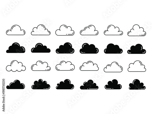 Collection of diverse cloud icons a hand drawn style weather illustration set for digital design and meteorology