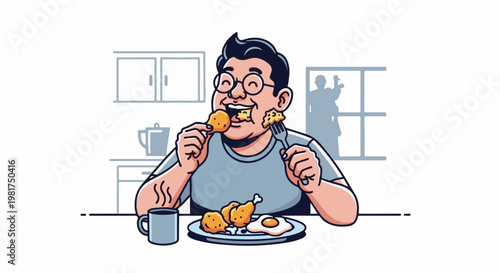 Man joyfully eating fried chicken and egg in a kitchen