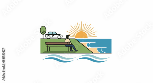 Man sits on park bench by ocean at sunset next to car and tree