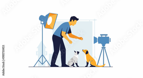 Man trains dogs for photoshoot with studio lighting and camera