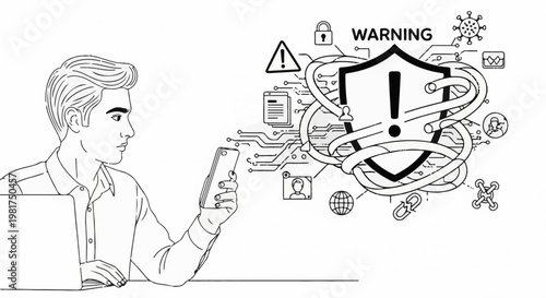 Man using phone near digital shield with warning and security icons