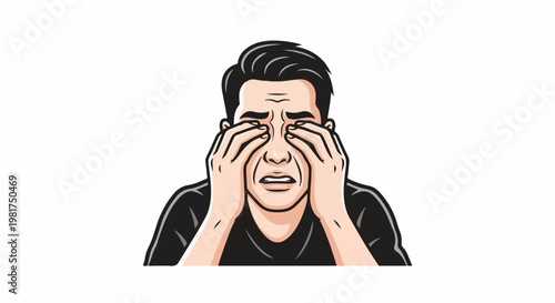 Man with black hair and shirt rubs his eyes in distress
