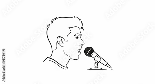 Line drawing of a person speaking into a microphone