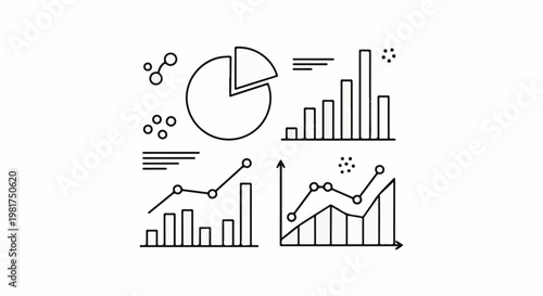 Line icons represent business data charts bar, pie, and line graphs
