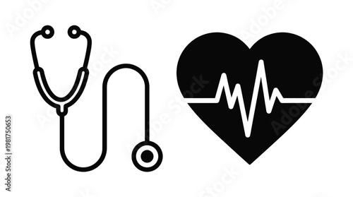 Healthcare symbolism a black silhouette of a stethoscope alongside a heartbeat monitor display