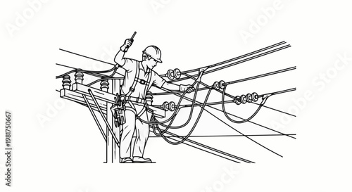 Lineman in harness working on power lines high above ground