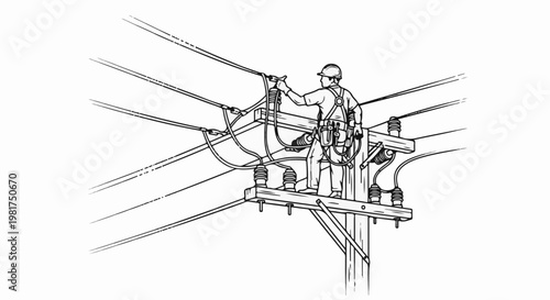 Lineman working on utility pole, connecting wires with tools
