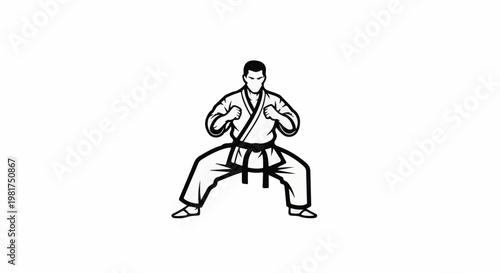 Martial artist in a fighting stance, rendered in black and white outline