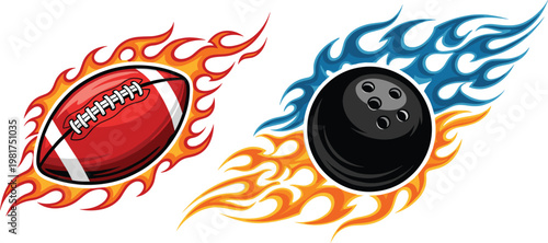 Flaming Sports Balls with Fire Effects, American Football and Bowling Ball in Dynamic Motion for Game, Competition, and Mascot Design