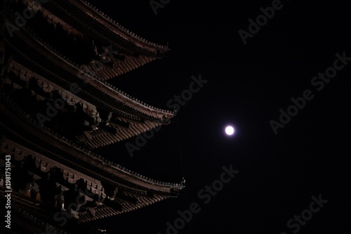 Canvastavla Ancient pagoda roof under a mysterious moonlit night.