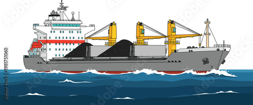 Cargo Ship with Bulk Freight and Cranes Sailing on Ocean, Maritime Transport Vessel Illustration for Shipping, Logistics, and Industrial Design