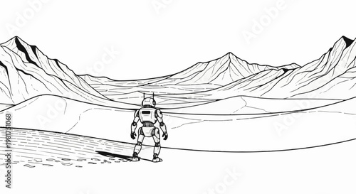 Lone robot gazes at desolate alien mountain range
