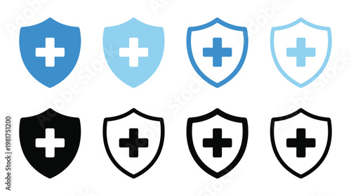 A collection of shield icons representing protection security and healthcare with varied color schemes
