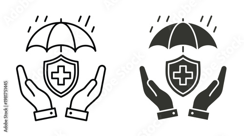 Insurance shield with healthcare symbol protecting health and well being with hands and umbrellas