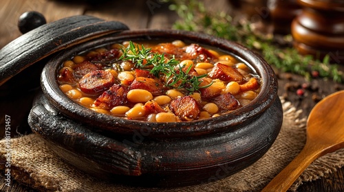 Rustic Close Up Bean Stew with Sausage in Clay Pot Cuisine