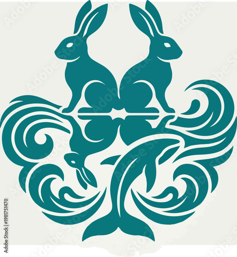 Teal rabbits in floral wave design.