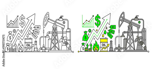 Oil Industry Growth Concept Split Style Black and White and Color Uptrend Illustration