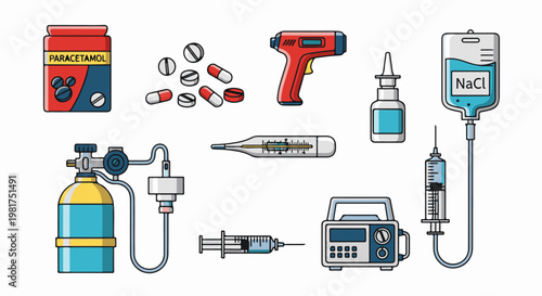 Medical equipment collection tablets, thermometer, nasal spray, IV drip, oxygen