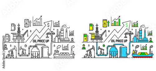 Oil Industry Growth Concept Split Style Black and White and Color Uptrend Illustration
