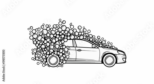 Line art of a car being covered in a large amount of bubbles