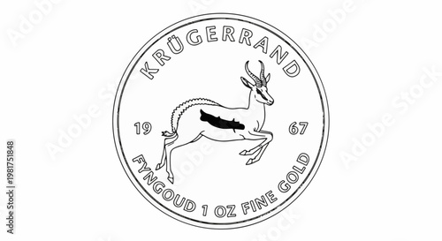 Line art of a coin featuring a jumping gazelle, text, and dates