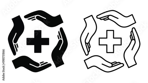 Foto Symbol of healthcare and protection hands forming a circle around a medical cros