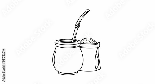 Line art of a gourd and straw with a pile of leaves beside it